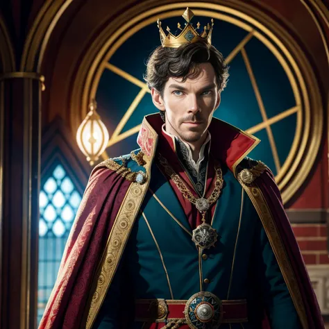 Benedict Cumberbatch is Doctor Strange on a crown and a crown on his head, Doctor Strange as the new King of Great Britain, Doutor Estranho vestindo um manto real, com cetro e coroa, Doutor Estranho usando uma coroa e terno, Deus salve a rainha!!!, vestind...