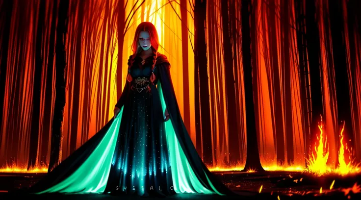 ((1girl)), sorceress, magic, wearing a long dress made of lights, magical forest, with flowing, (((fire)) magic), tight sorceres...