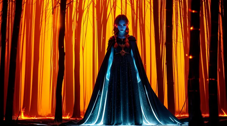 ((1girl)), sorceress, magic, wearing a long dress made of lights, magical forest, with flowing, (((fire)) magic), tight sorceres...