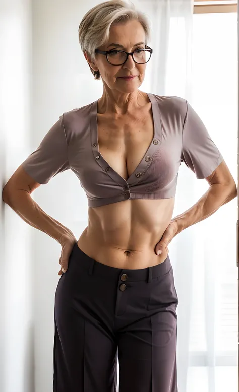 there is a spectacled elderly older mature old aged master female in a skimpy cream midriff-shirt and sailor overly low rise sailor pants pinned by one only button, this dominant lady is posing for a fist, sultry mature older female body with sexy older ma...