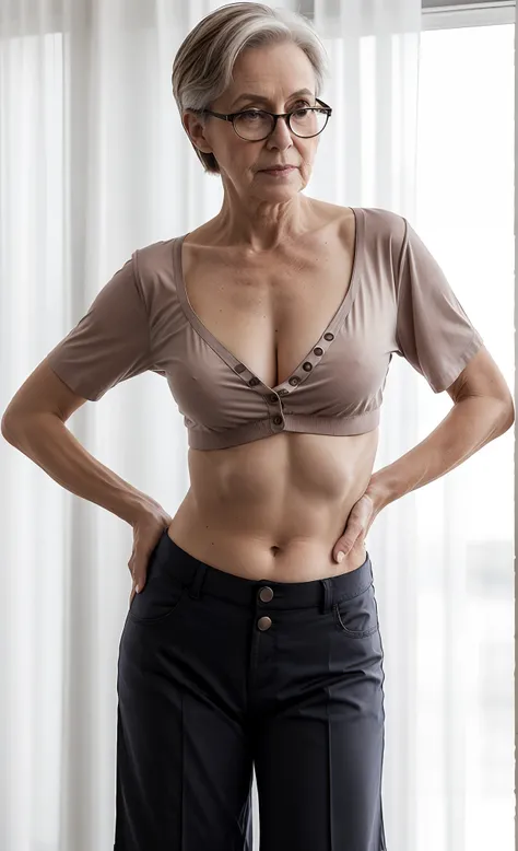 there is a spectacled elderly older mature old aged master female in a skimpy cream midriff-shirt and sailor overly low rise sailor cream pants pinned by one only button, this dominant lady is posing for a fist, sultry mature older female body with sexy ol...