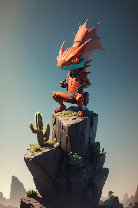 There is a red alien in the form of a cartoon lizard standing on a rock with a cactus, small character. Motor Unreal 5, Renderizado en Unreal Engine 5, Renderizado en Unreal 5, renderizado en corrimiento al rojo, Fabricado en Unreal Engine 5, Creado en Unr...