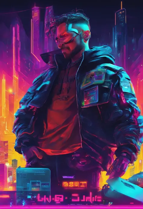 Make me a cyberpunk poster with a man