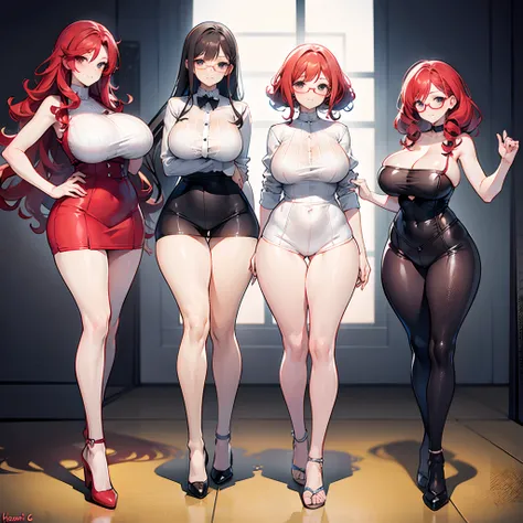 Red curly hair, medium height,medium sized breast, big ass, hourglass waist, thick thighs, glasses