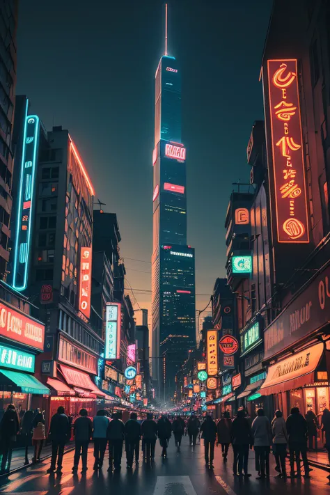 Photograph of a busy city street at dusk, taken from a low angle, with towering buildings and vibrant neon lights.