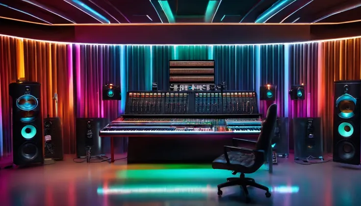 Hitech music lab and studio with test tubes and music recording microphone