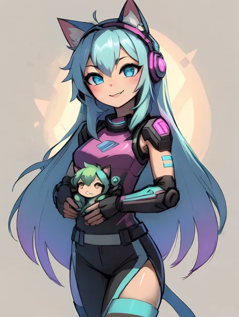 Cyberpunk girl with pink long hair，Q version，（toddlers，Baby）， adolable， cyberpunked， Cat Ear Headphones、Master masterpieces， hight resolution，8K，detailedbackground，hightquality，（（（独奏））），Brighten the background、brilliance、looking at viewert，Iridescent color...