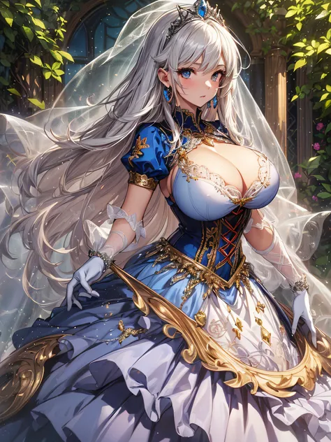 ((anime artstyle)),(Masterpiece),(Best Quality), (Super Detail),((Very Delicate and Beautiful)),cinematic lighting,1 girl,((full body portrait)),((standing in garden)),((solo)),(((1 fairytale princess in gorgeous embroidery and jeweled extremely gorgeous c...