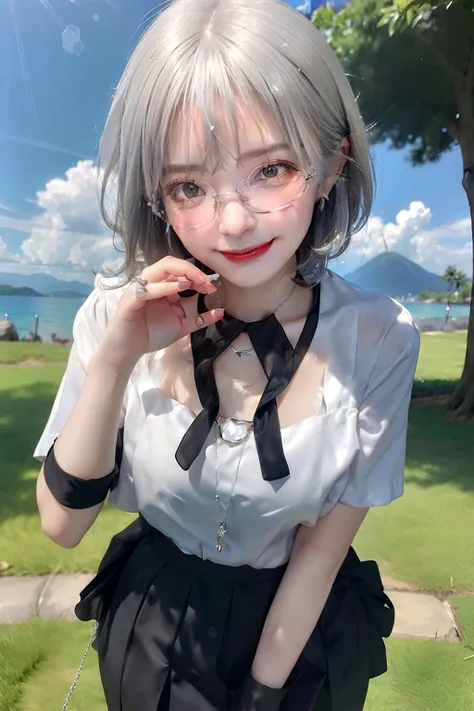 1girl, alternate_costume, bespectacled, closed_mouth, collarbone, glasses, jewelry, necklace, pendant, semi-rimless_eyewear, short_hair, silver_hair, smile, solo, under-rim_eyewear, upper_body