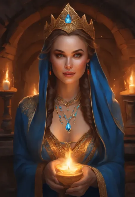 Colorful portrait illustration, (Attractive woman as a wizard, Ponytail, Wearing_long_flowing_Blue_Convoluted_embroideries_sorcerer_doress), (Necklace, Sacoche, a belt, Smiling, Highly detailed face, masutepiece, Best Quality), Highly detailed, (in the dun...