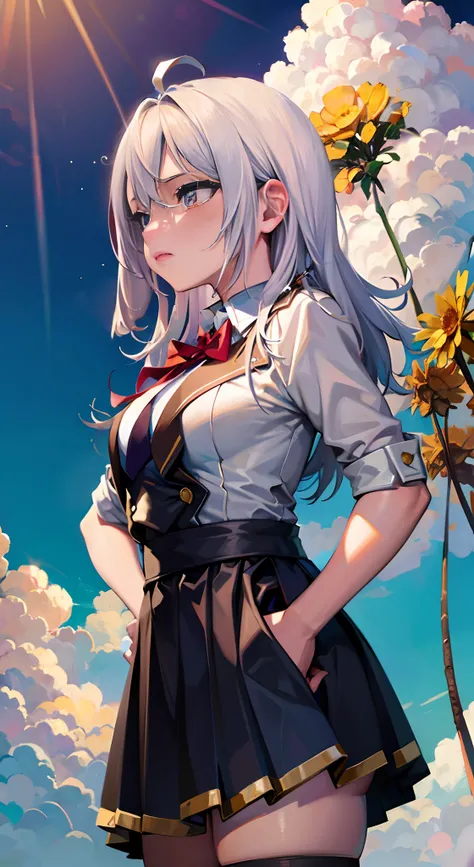 Beautiful clouds, beautiful sky, bright sun ((illumination)), high resolution, school suit, beautiful body,