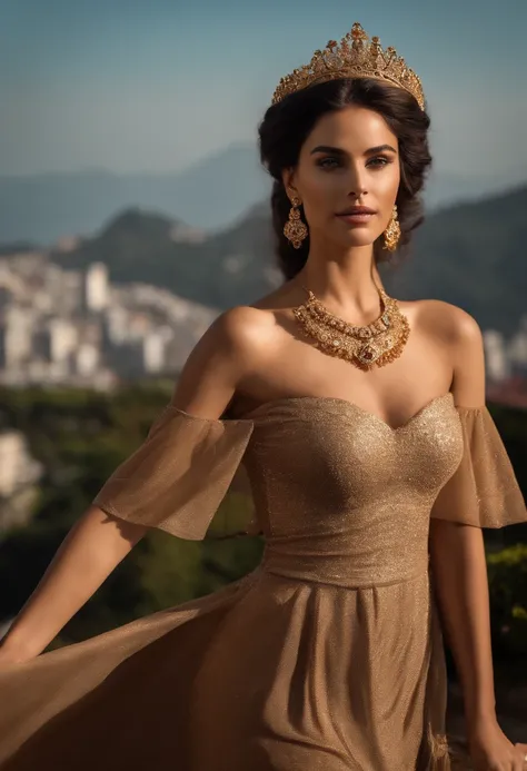 (La mejor calidad, 8k, Pieza maestra :1.2), hiperrealista, city of Rio de Janeiro, Brasil, on a mountain, un detallado A beautiful feminine figure, she walks with her queenly bearing and her penetrating gaze captivates all who look at her. She moves with t...