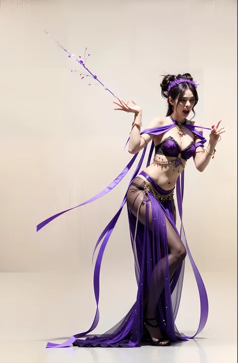 Enchanting witch succubus，broad chest, Slim waist，heavy  makeups，Extra-long nails，Wearing a black belly dancing bikini，Teeth and claws，Enchanting and seductive，disturb，The expression is vicious，There are purple streamers on the body，Eat men