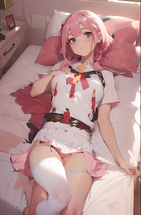 beautiful illustration、top-quality、Cute little girl s、bedroom、pink-haired、lenght hair, red color eyes、(((pink pleated skirt))、(((white sailor suit)))、shortsleeves、a navel、bare-legged、on the beds、lovely thighs、glowing thigh, 1girl, bangs, biting, blush, cov...