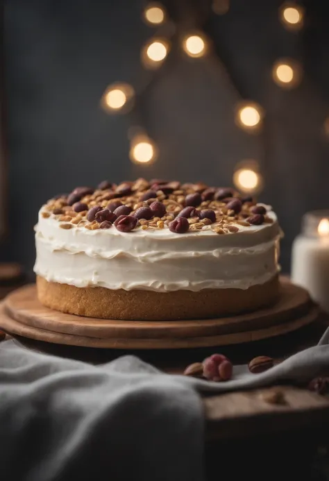 imagine a large extravagant creamy Cake on the table, cake is clean and well made, horizontal view, real, cozy modern and Scandinavian home, whole cake, realistic, 4k, at night, romantic lightning, zoom out