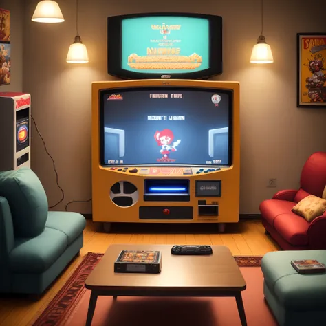 The picture shows a living room from the 80s, con paredes de color pastel y muebles de madera oscura. In the center of the room, hay un televisor CRT colocado en un soporte vintage, rodeado de estantes llenos de cartuchos de videojuegos. En el suelo, hay u...