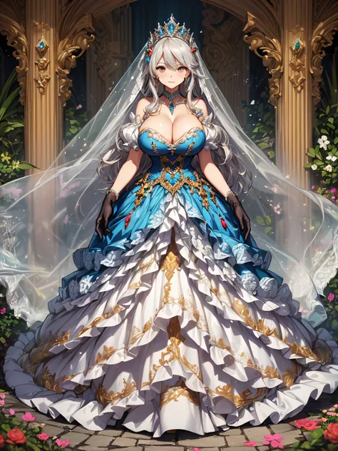 ((anime artstyle)),(Masterpiece),(Best Quality), (Super Detail),((Very Delicate and Beautiful)),cinematic lighting,1 girl,((full body portrait)),((standing in garden)),((solo)),(((1 fairytale princess in gorgeous embroidery and jeweled extremely gorgeous c...