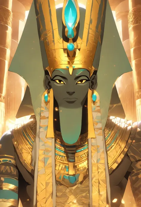 (((Osiris wearing a crown))) best quality, ultra-high resolution, 4K detailed CG, master piece, Egyptian mythology,Osiris, Pharaohs Crown,Egyptian temple,Egyptian clothing, desert,Egyptian palace,((standing) ) , aesthetics, Beautiful image, centered on the...