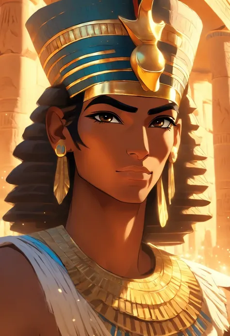 (((Egyptian wearing a crown))) best quality, very high resolution, 4K detailed CG, master piece, Egyptian mythology,Egyptian man,Egyptian temple,Egyptian clothes, desert,Egyptian palace,((standing) ) , aesthetics, Beautiful image, centered on the screen