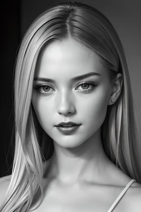 styles, Model Essay Style, RAW photo of blonde girl, ((Monochrome photography)), 1girl in, ((Facing the front)), Detailed photos of faces only, ((Red-vermilion lips)), Detailed clavicle, face perfect, straight haired, top-quality, ultra-detailliert, film g...