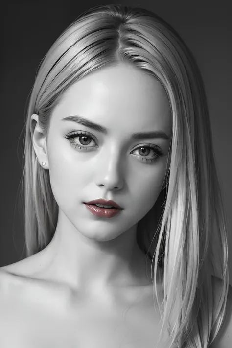 styles, Model Essay Style, RAW photo of blonde girl, ((Monochrome photography)), 1girl in, ((Facing the front)), Detailed photos of faces only, ((Red-vermilion lips)), Detailed clavicle, face perfect, straight haired, top-quality, ultra-detailliert, film g...