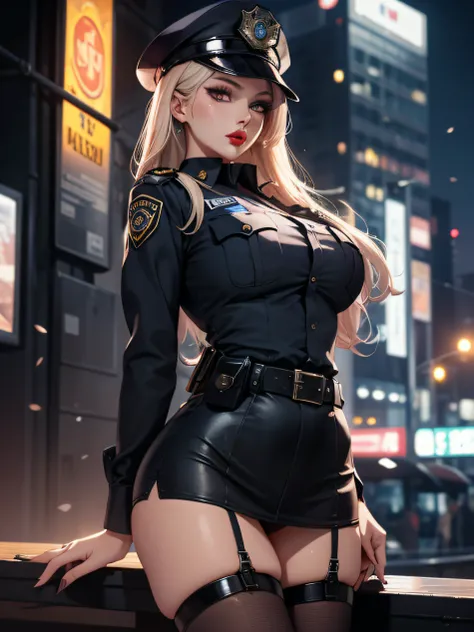 Solo, (Police Uniform, policewoman), Stockings, City lights, (gaze at the audience: 1.3), Lips apart, Red lips, Shiny skin, dent in the skin, Best Quality, Ultra High Resolution, (Realism: 1.4), gun in holster