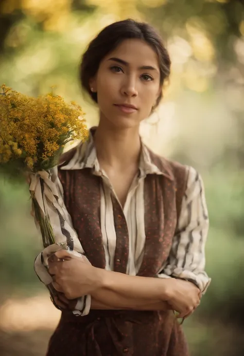 Red eyes, girl, holding a knife, yellow-green striped shirt with thicker stripes, red eyes glowing red, head tilted, short brown hair mushroom head, with a clear smile on his face, Chara, two-dimensional, standing among golden flowers with a ray of light a...