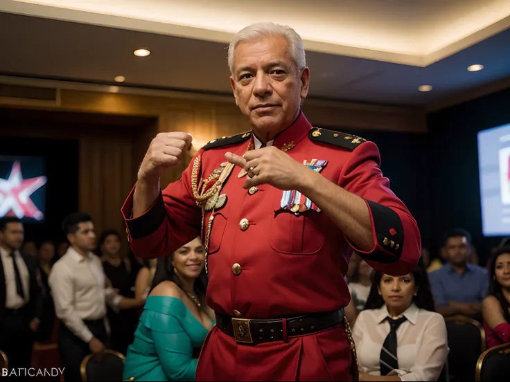 Portrait Hyperrealistic professional photograph of a general Omar torrijos from panama in an tropical dress, bailando de una manera exagerada muy alegre en medio de una sala de estar de una casa en una fiesta de amigos. a high definition, High resolution, ...