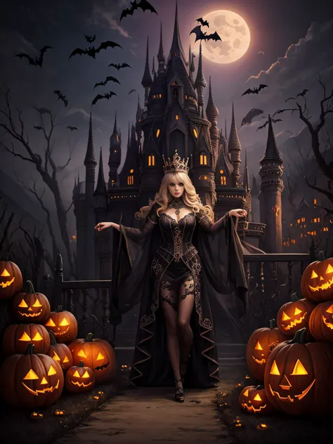 Landscape full body queen of the dead, Halloween palace in the valley, theme Halloween  spectacular intricate detailed, surreal