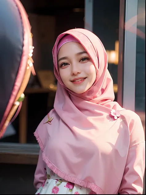 arafed woman in a pink dress and a pink hijab, hijab, slight cute smile, lovely smile, inspired by Nazmi Ziya Guran, with kind face, she is smiling, shy smile, with a beautifull smile, sweet smile, smiling sweetly, charming smile, cute smile, with cute - f...