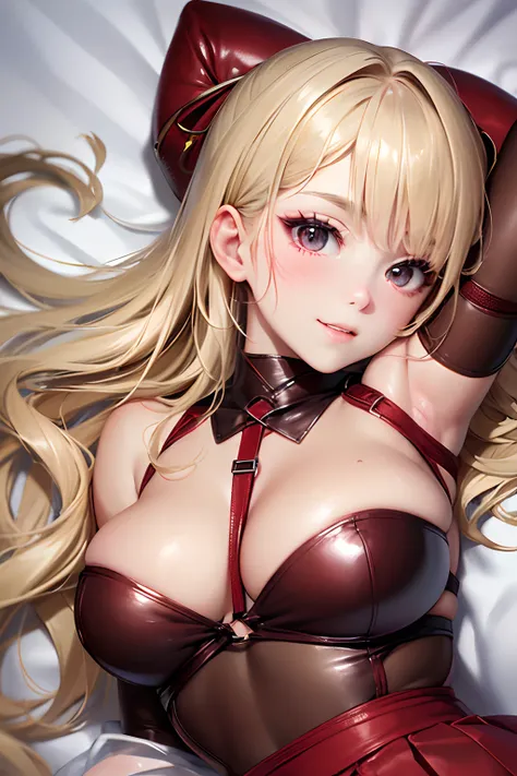 16ｋ,Raw photography,top-quality,hight resolution,Ray tracing,PBR Texture,Post-processing,),(((Dark Red Leather Bondage Skirt , Cute Japan anime girl,Cheryl Nome,Blonde wavy long hair,Big breasts that emphasize cleavage,bare hand,Thin leg,))),(finerly detai...