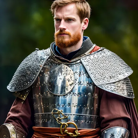 (auburn-haired,),king Richard I, (medieval era, medieval times, medieval clothing, suit of armor, chainmail), (portrait, portrait painting), (British, UK, England), lionheart, [modern], [abstract], [minimalist], (vibrant colors), (soft lighting), [watercol...