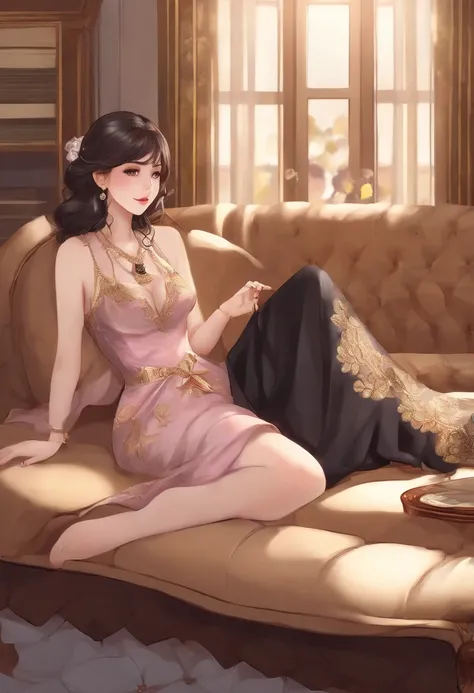 Woman sitting on a sofa , con senos grandes, con unos pechos grandes, Loli en vestido, pechos grandes!, 8k comic art, pechos grandes!!, [ Arte digital 4K ]!!, Arte de la giganta, small curvy loli, seductora chica de anime, Hermosa y seductora mujer de anim...