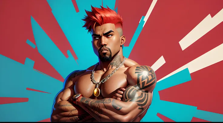 kanye west cartoon anime cartoon style, red hair, red eyebrows, red goatee, gtav, shirtless tattoo, belly tattoo, arm tattoo, hip hop neck chain, arms crossed, red background with blue rays, focus on the background .