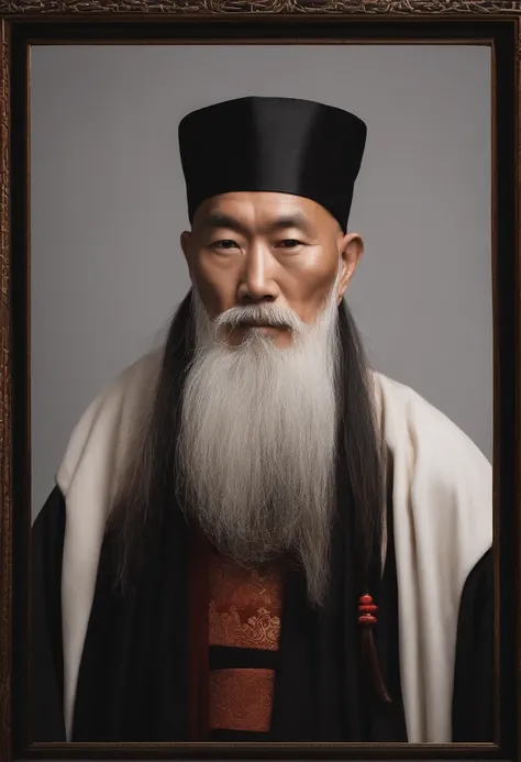 A close-up of an old monk with a long beard and a white beard, Taoist, bald-headed，Monk costume，inspired by Wu Daozi, portrait of monk, Taoist master, portrait photo of an old man, Inspired by Hu Zaobin, inspired by Hu Zao, Long white beard, inspired by Li...