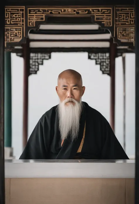 A close-up of an old monk with a long beard and a white beard, Taoist, bald-headed，Monk costume，inspired by Wu Daozi, portrait of monk, Taoist master, portrait photo of an old man, Inspired by Hu Zaobin, inspired by Hu Zao, Long white beard, inspired by Li...