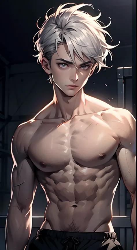 4K, high resolution, Best quality, Masterpiece, perfect colors, perfectly shaded, Perfect lighting, posted on e621, (by Chunie), ((Portrait)), （（Handsome man））, perfect male figure, short detailed hair，sliver hair, Wear mens shorts,Abs，musculature,chest mu...