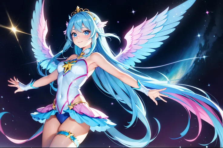 Super Idol　a beauty girl　A charming smile　sky blue hair　length hair　Twin-tailed　Glittery bright pink and white and blue and yellow leotards　Facing straight ahead、arms spread wide、Spread 6 large iridescent angel wings on the back　Mystical　Spectacular sparkl...