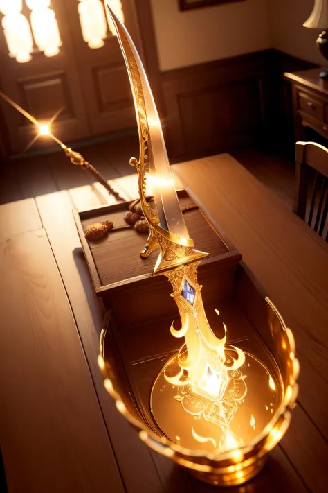 A beautifully detailed image of an enchanted sword lying on a table, glowing with magical energy. The blade, gleaming with a soft, warm light, curves and twists as it stretches from hand to hand, creating a mesmerizing, ethereal trail of swirling flames. T...