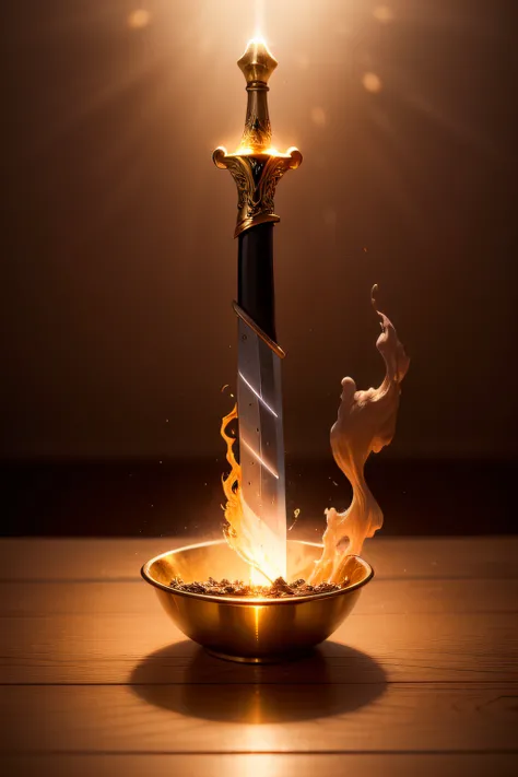 A beautifully detailed image of an enchanted sword lying on a table, glowing with magical energy. The blade, gleaming with a soft, warm light, curves and twists as it stretches from hand to hand, creating a mesmerizing, ethereal trail of swirling flames. T...