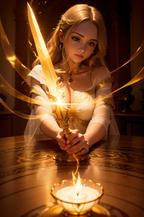 A beautifully detailed image of an enchanted sword lying on a table, glowing with magical energy. The blade, gleaming with a soft, warm light, curves and twists as it stretches from hand to hand, creating a mesmerizing, ethereal trail of swirling flames. T...