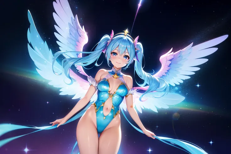 Super Idol　a beauty girl　A charming smile　sky blue hair　length hair　Twin-tailed　Glittery bright pink and white and blue and yellow leotards　Facing straight ahead、arms spread wide、Spread 6 large iridescent angel wings on the back　Mystical　Spectacular sparkl...