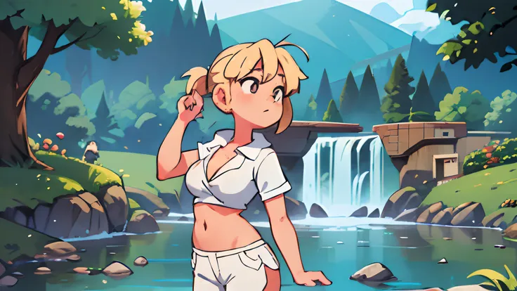 a girl with blonde two pony tails,white short shirt, cleavage,navel,white short pants,river background