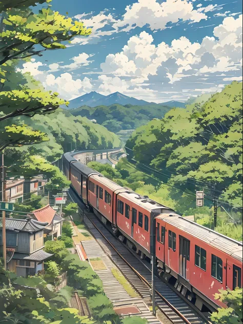 Central Japan train、Japan countryside、Cinematic scenery、Ghibli、during daytime、Clouds,masutepiece,Best Quality,Sketch style、