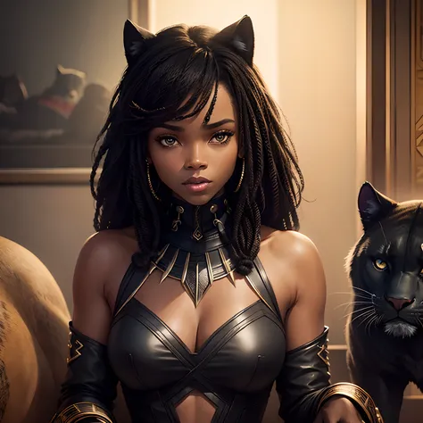 Black panther African woman in the company of a black panther as a pet