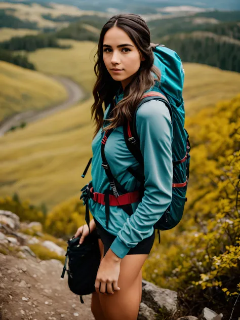 RAW photo, 1girl, a (portrait:1.2) of full body a cute woman as a hiker on the top of a hill, (high detailed skin:1.2), 8k uhd, dslr, soft lighting, high quality, film grain, Fujifilm XT3