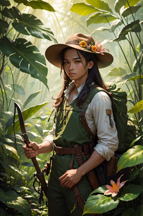 (Best quality, high resolucion), Detailed painting of an explorer in the middle of the jungle. The explorer is kneeling in front of a large multicolored flower. The explorer wears a hat and holds a machete. The painting is done in a realistic style, avec d...