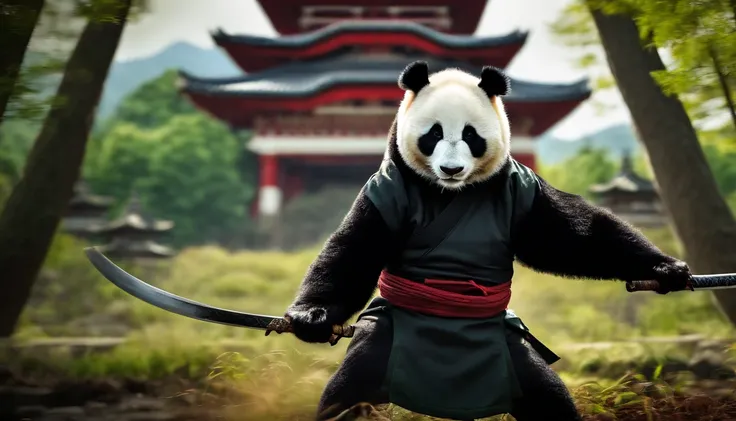 An angry demon ninja panda in attack position in front of a Japanese pagoda with a forest in the background