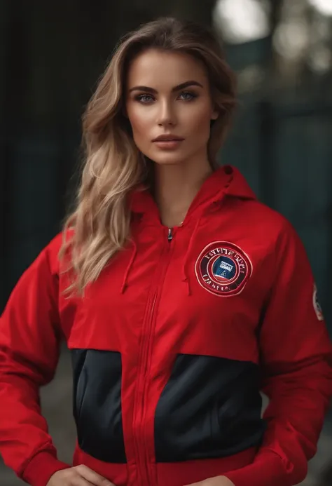 A European and American beauty wears a red sportswear