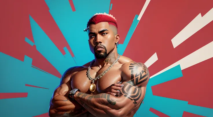 Kanye West Estilo de desenho anime anime, red hair, sobrancelhas vermelhas, cavanhaque vermelho, GTAV, tatuagem sem camisa, tatuagem da barriga, arm tattoo, Hip hop neck chain, arms crossed, fundo vermelho com raios azuis, foco no plano de fundo .